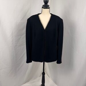 Dana Buchman Blazer Women 16 Black 100% Wool with Textured Chiffon Trim DBLU5983
